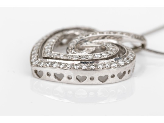 14k Fine Snake Chain With 18k Gold Diamond Set Double Open Heart Pendant, App. 0.15 TCW