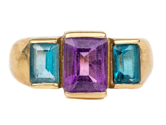 14k Yellow Gold Striking Blue Topaz And Amethyst Three Stone Ring, Size 6