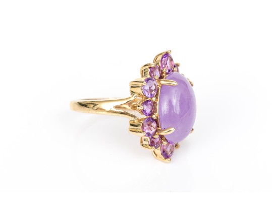 14k Yellow Gold Purple Aventurine And Amethyst Halo Cocktail Ring, Size 6