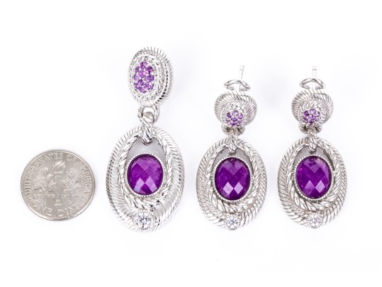 Judith Ripka Sterling Silver Funky Purple Cz Pendant Earrings And Matching Enhancer Set