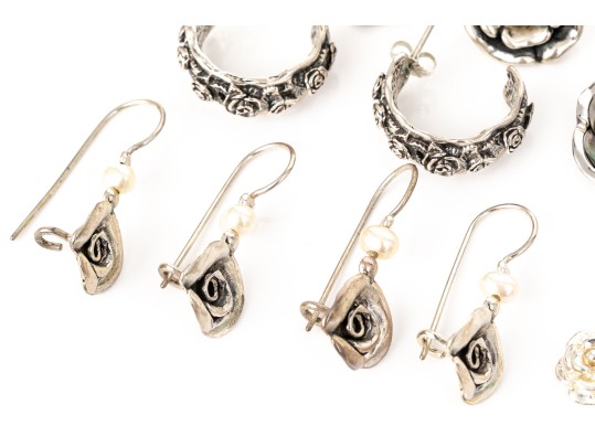 Collection Of Sterling Silver Flower Motif Pendant Style And Hoop Earrings