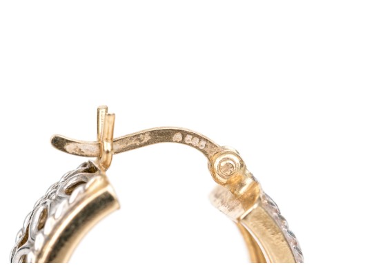 14k Yellow Gold Lovely Round Hoop Earrings With White Gold Floral Filigree Overlay