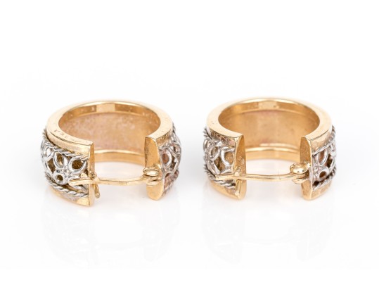 14k Yellow Gold Lovely Round Hoop Earrings With White Gold Floral Filigree Overlay