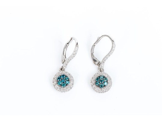 Sterling Silver Stunning Blue Moissanite And Pave Diamond Style Drop Earrings, App. 0.12 TCW.