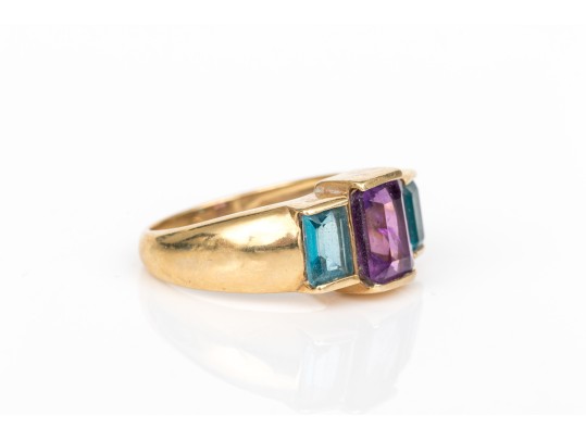 14k Yellow Gold Striking Blue Topaz And Amethyst Three Stone Ring, Size 6