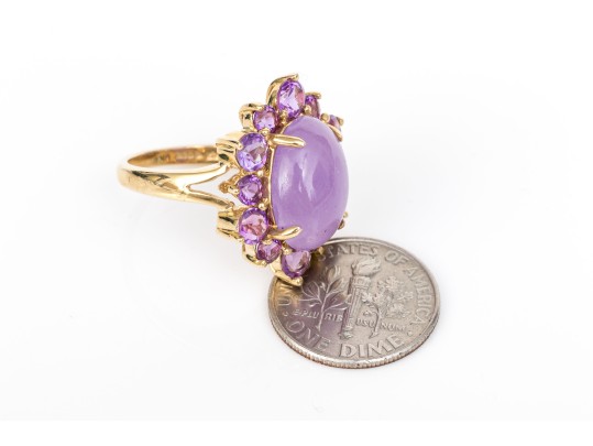 14k Yellow Gold Purple Aventurine And Amethyst Halo Cocktail Ring, Size 6