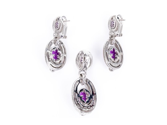 Judith Ripka Sterling Silver Funky Purple Cz Pendant Earrings And Matching Enhancer Set