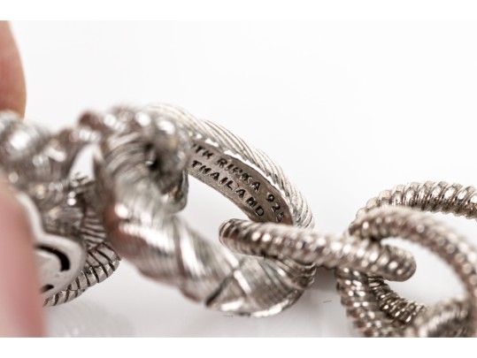 Judith Ripka Sterling Silver Elegant Oval Ribbed Link Necklace With Cz Pave Heart Enhancer