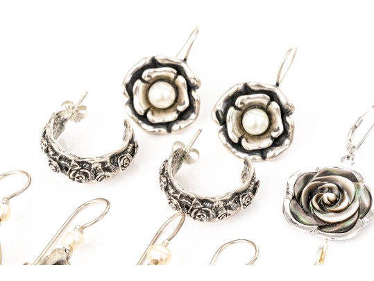Collection Of Sterling Silver Flower Motif Pendant Style And Hoop Earrings