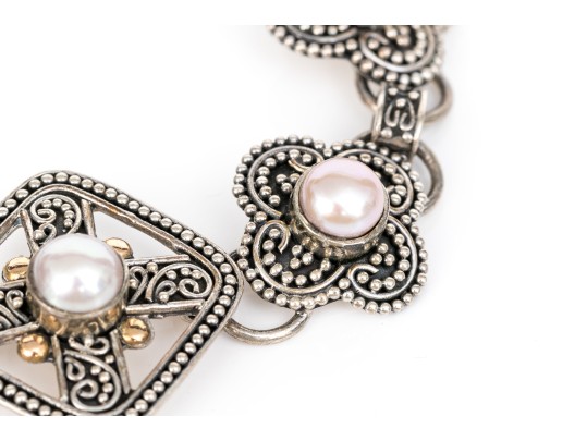 Sterling Silver Ornate Balinese Style Alhambra Shaped Link Bracelet, With 18k Accents