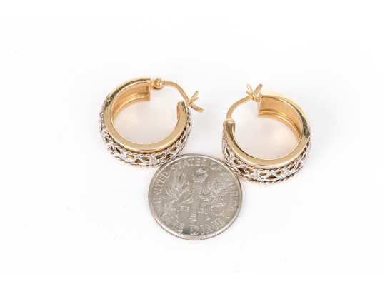 14k Yellow Gold Lovely Round Hoop Earrings With White Gold Floral Filigree Overlay