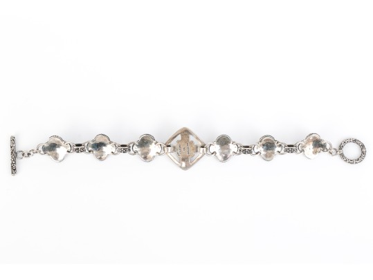 Sterling Silver Ornate Balinese Style Alhambra Shaped Link Bracelet, With 18k Accents
