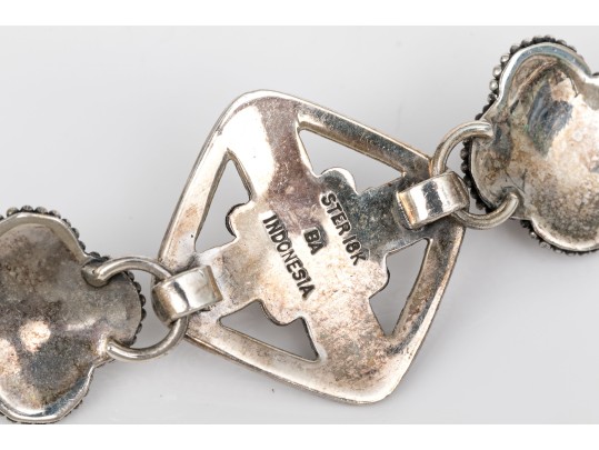 Sterling Silver Ornate Balinese Style Alhambra Shaped Link Bracelet, With 18k Accents