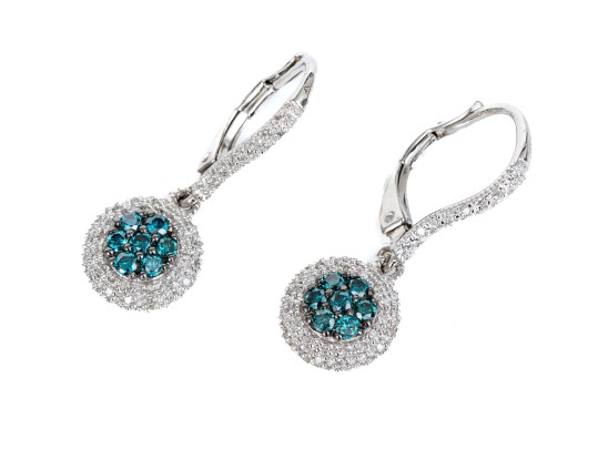 Sterling Silver Stunning Blue Moissanite And Pave Diamond Style Drop Earrings, App. 0.12 TCW.