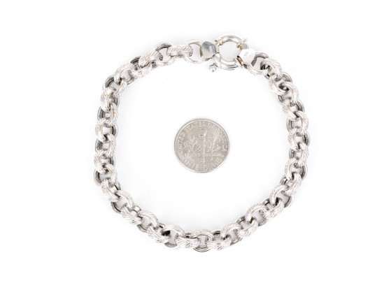 14k White Gold Handsome Chunky Rolo Link Bracelet, Ribbed Finish