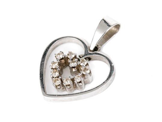 14k White Gold Pretty Open Floating Frame Diamond Set Heart Pendant, App. 0.10 TCW