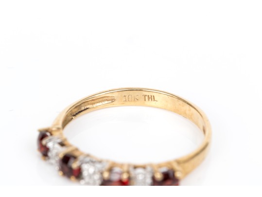 10k Yellow Gold Burgundy Glass And White Sapphire 7 Stone Ring, Size 5.75+