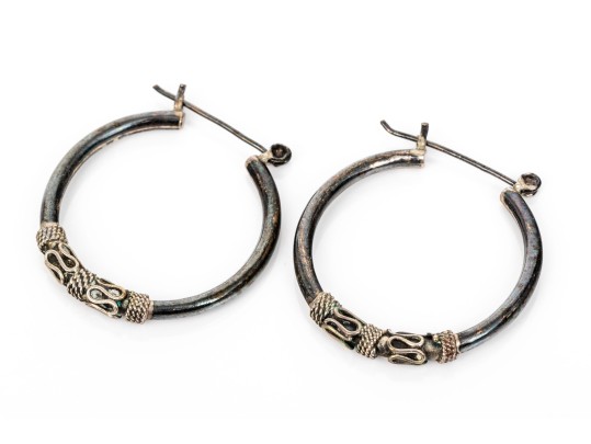 Collection Of Assorted Sterling Silver Balinese Motif Hoop Earrings