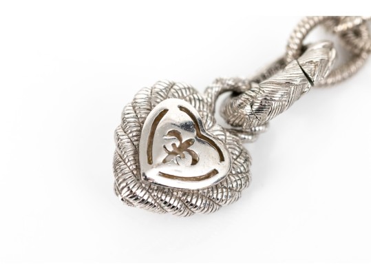 Judith Ripka Sterling Silver Elegant Oval Ribbed Link Necklace With Cz Pave Heart Enhancer