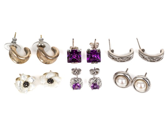 Six Pairs Of Sterling SIlver Earrings, Amethyst, Mother Of Pearl, Pearl