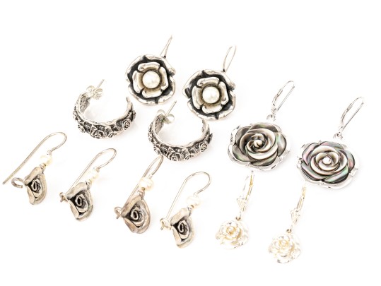 Collection Of Sterling Silver Flower Motif Pendant Style And Hoop Earrings
