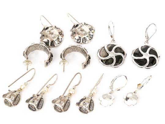 Collection Of Sterling Silver Flower Motif Pendant Style And Hoop Earrings