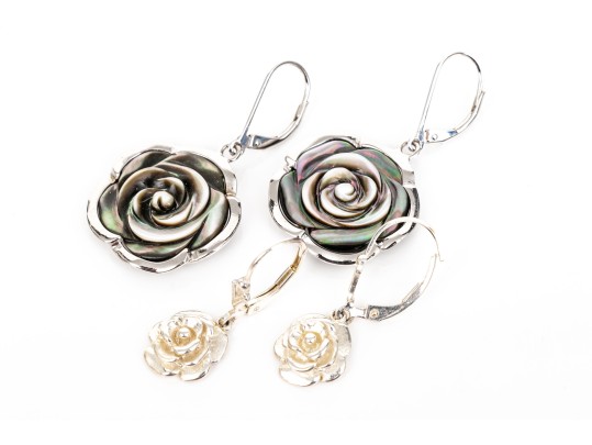 Collection Of Sterling Silver Flower Motif Pendant Style And Hoop Earrings