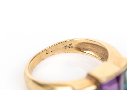 14k Yellow Gold Striking Blue Topaz And Amethyst Three Stone Ring, Size 6