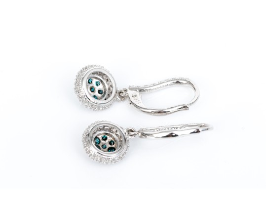 Sterling Silver Stunning Blue Moissanite And Pave Diamond Style Drop Earrings, App. 0.12 TCW.
