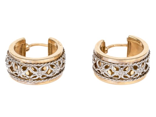 14k Yellow Gold Lovely Round Hoop Earrings With White Gold Floral Filigree Overlay