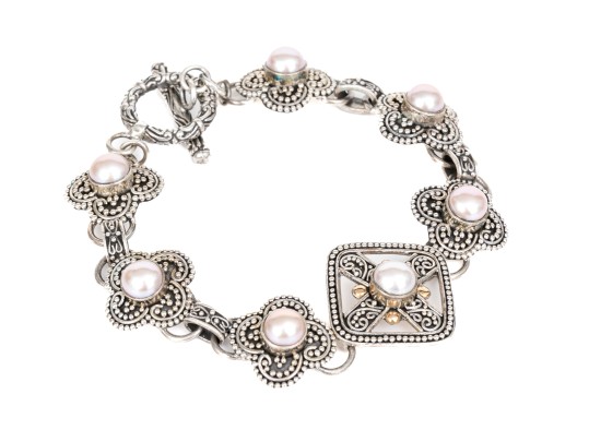 Sterling Silver Ornate Balinese Style Alhambra Shaped Link Bracelet, With 18k Accents