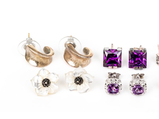 Six Pairs Of Sterling SIlver Earrings, Amethyst, Mother Of Pearl, Pearl