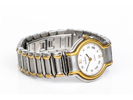 Movado Small Quartz Two Tone 26mm Watch, White Dial Black Roman, Bracelet