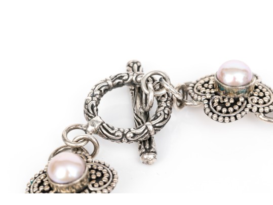 Sterling Silver Ornate Balinese Style Alhambra Shaped Link Bracelet, With 18k Accents