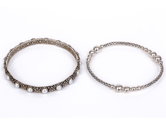 Michael Dawkins And Konstantino Sterling Silver Pair Of Balinese Patterning Slip On Bangle Bracelets