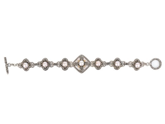 Sterling Silver Ornate Balinese Style Alhambra Shaped Link Bracelet, With 18k Accents