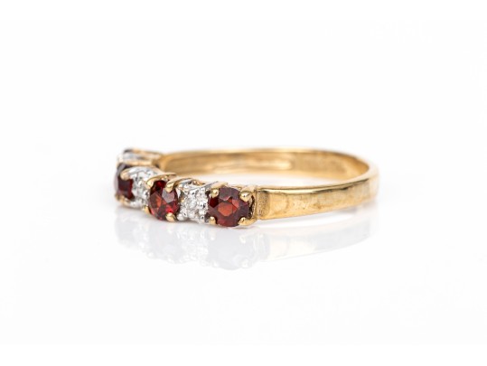 10k Yellow Gold Burgundy Glass And White Sapphire 7 Stone Ring, Size 5.75+