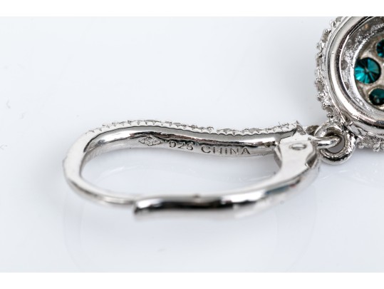 Sterling Silver Stunning Blue Moissanite And Pave Diamond Style Drop Earrings, App. 0.12 TCW.