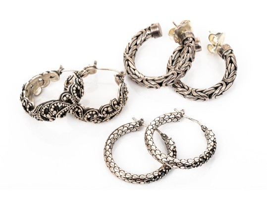 Collection Of Assorted Sterling Silver Balinese Motif Hoop Earrings