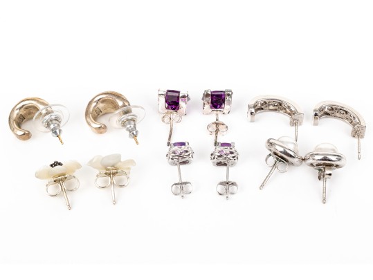Six Pairs Of Sterling SIlver Earrings, Amethyst, Mother Of Pearl, Pearl