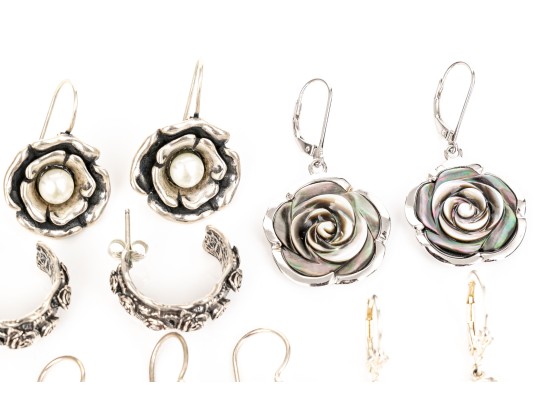 Collection Of Sterling Silver Flower Motif Pendant Style And Hoop Earrings