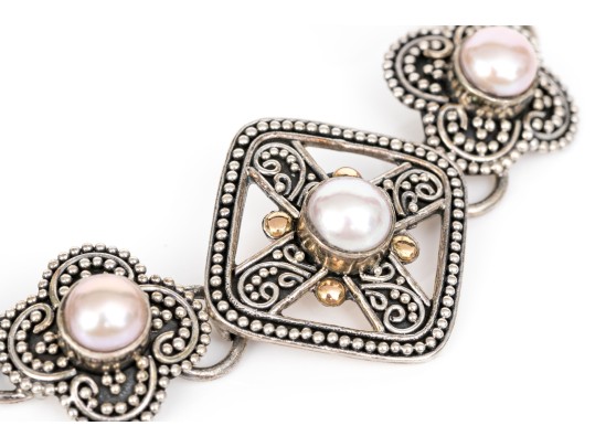 Sterling Silver Ornate Balinese Style Alhambra Shaped Link Bracelet, With 18k Accents