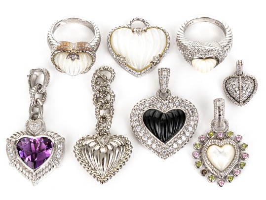 Judith Ripka Sterling Silver Collection Of Heart Motif Jewelry Pieces