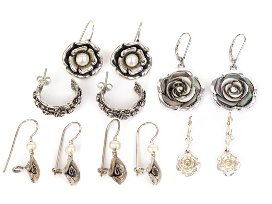 Collection Of Sterling Silver Flower Motif Pendant Style And Hoop Earrings