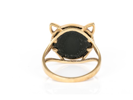14k Yellow Gold Fabulous Vintage Black Onyx Cat Motif Ring, Size 6