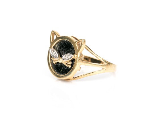 14k Yellow Gold Fabulous Vintage Black Onyx Cat Motif Ring, Size 6