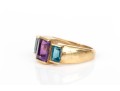 14k Yellow Gold Striking Blue Topaz And Amethyst Three Stone Ring, Size 6