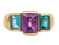 14k Yellow Gold Striking Blue Topaz And Amethyst Three Stone Ring, Size 6
