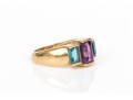 14k Yellow Gold Striking Blue Topaz And Amethyst Three Stone Ring, Size 6