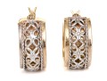 14k Yellow Gold Lovely Round Hoop Earrings With White Gold Floral Filigree Overlay